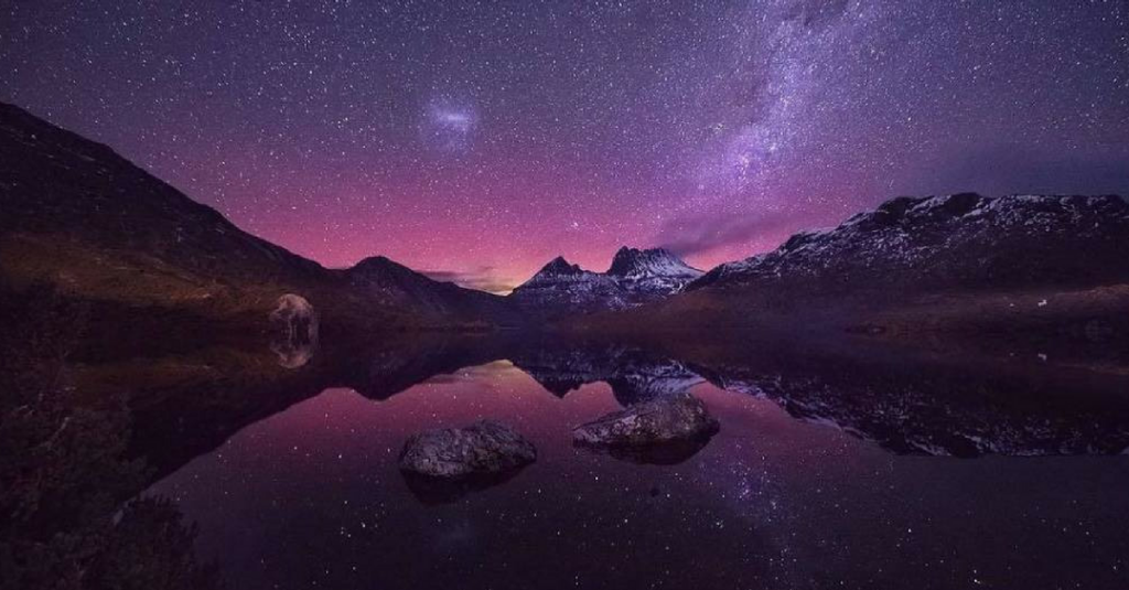 The Southern Lights over Cradle Moutain reflected in the lake